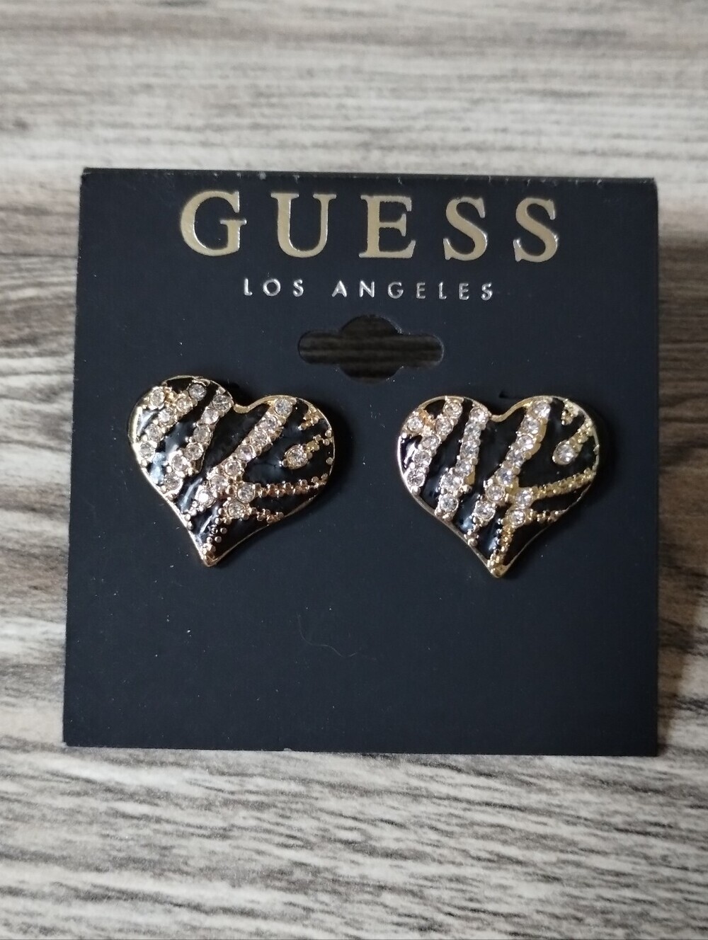 GUESS Black and Gold Zebra Heart Stud Earrings